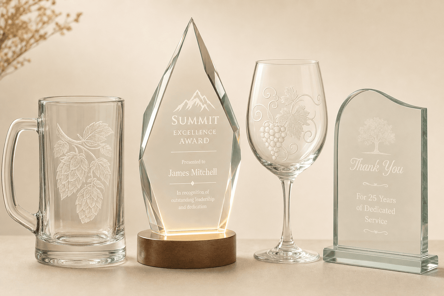 Laserem gravírované skleněné produkty – půllitry, trofeje, skleničky
