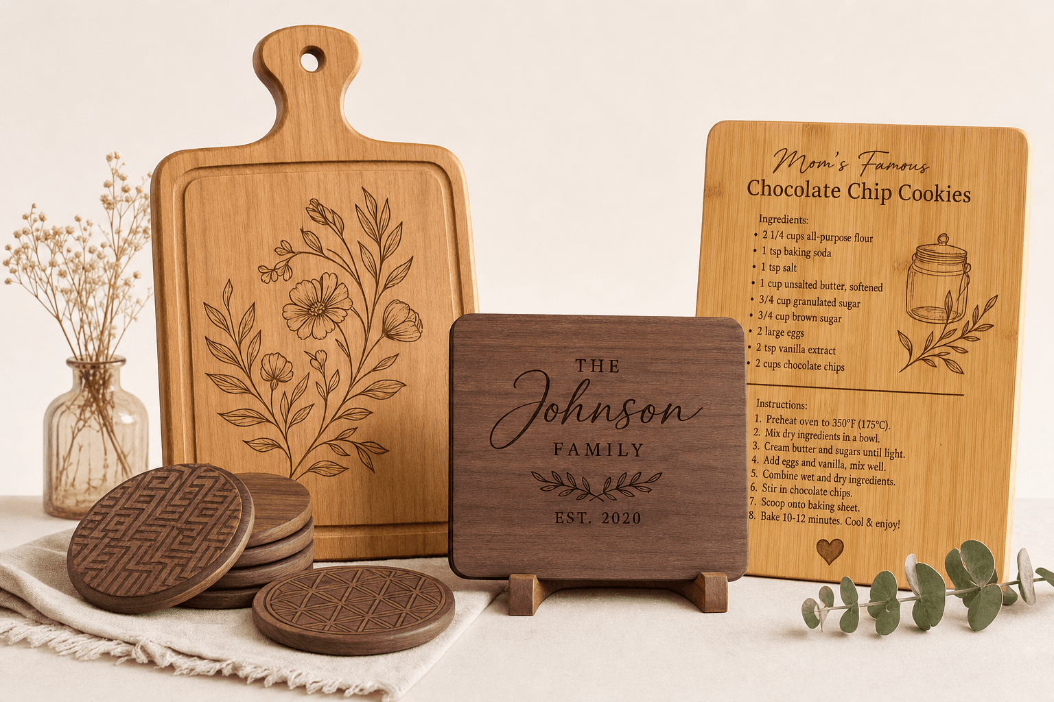 Wooden cutting board with engraved floral pattern
