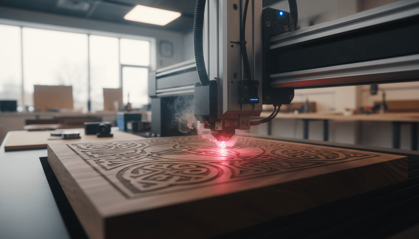 UV laser engraving intricate design on wood in a modern workshop.