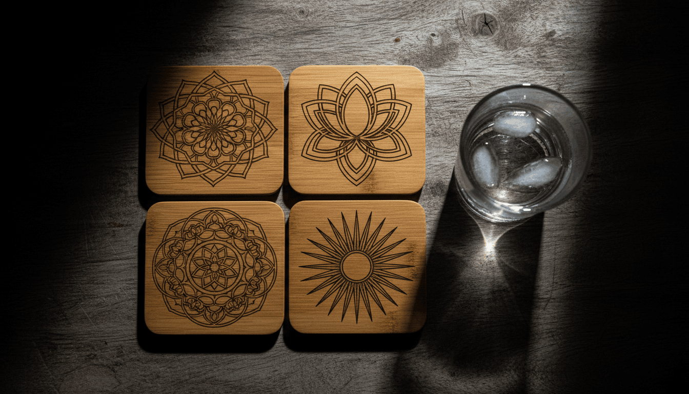 Set of four bamboo coasters with engraved designs