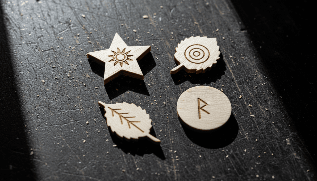 Assorted birch plywood shapes with engraved symbols