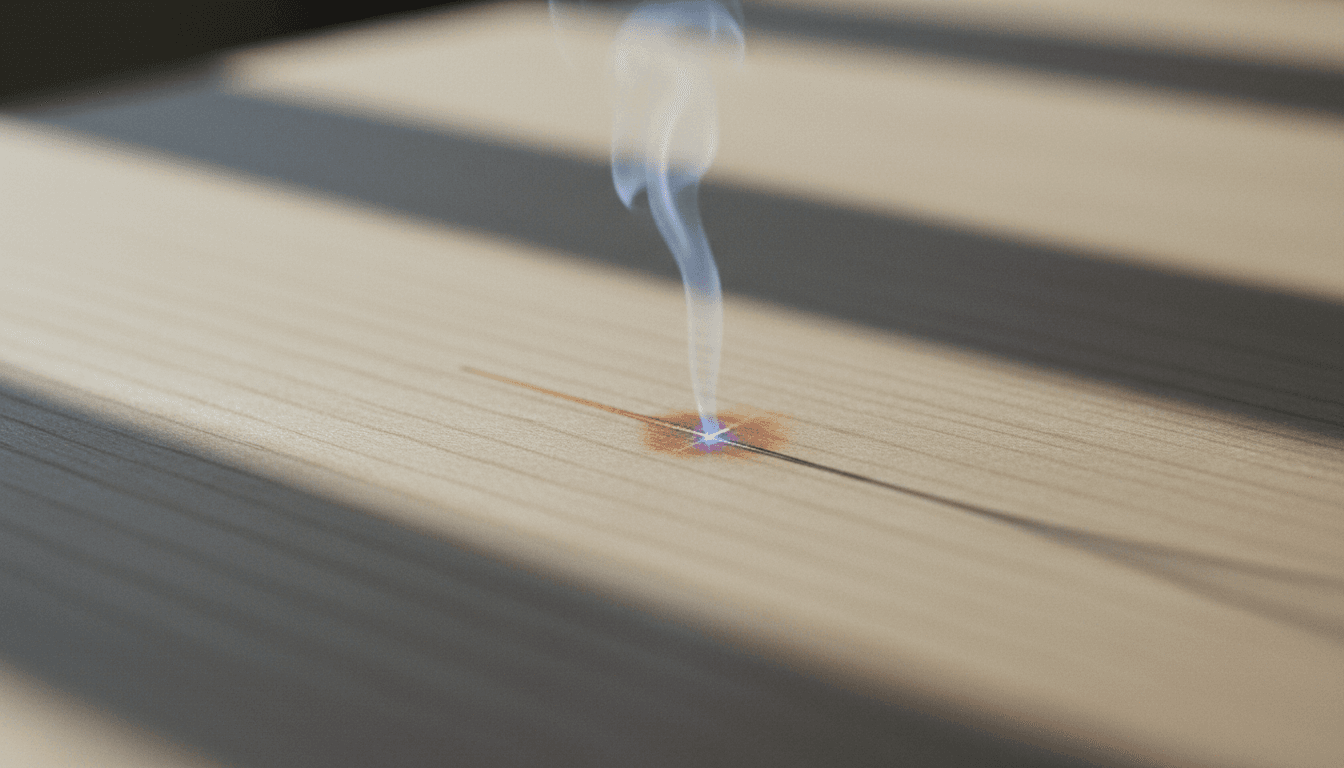 Laser engraving a fine line into wood in a workshop