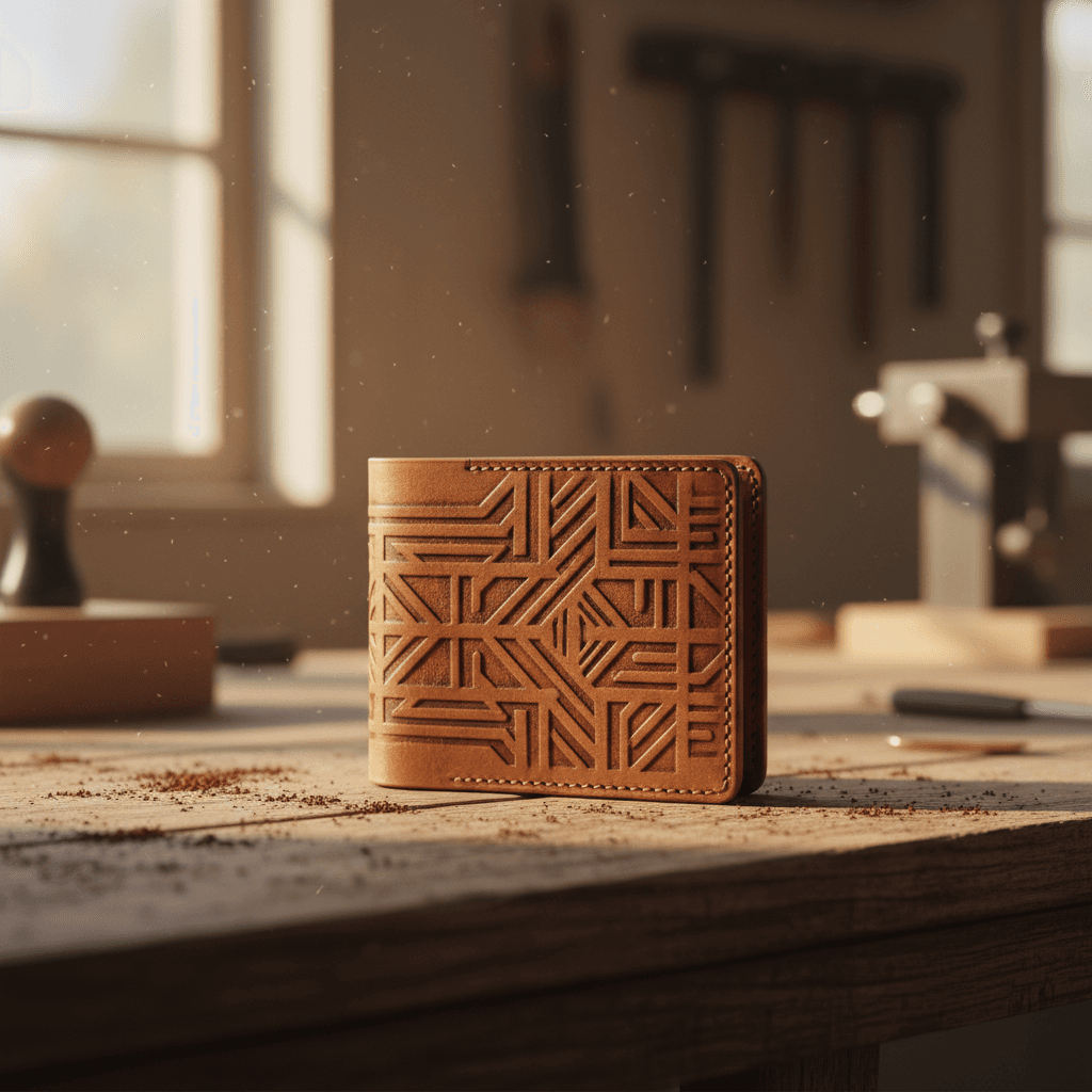 Close-up detail of a laser engraved leather wallet on a wooden workshop bench