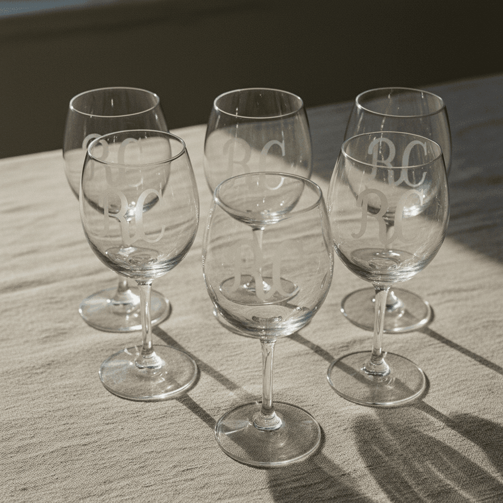 Set of engraved crystal wine glasses with monogram details on a linen tablecloth