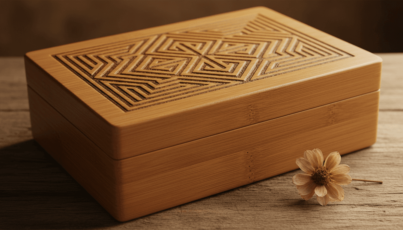 Bamboo box with engraved geometric pattern on lid