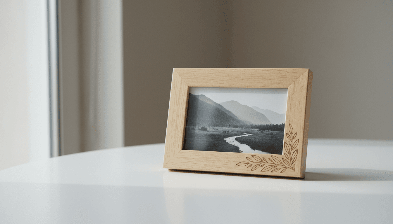 Wooden photo frame with engraved leaf motif