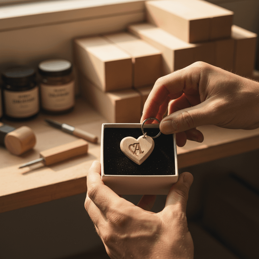 Maker's hands placing an engraved wooden keychain into a gift box