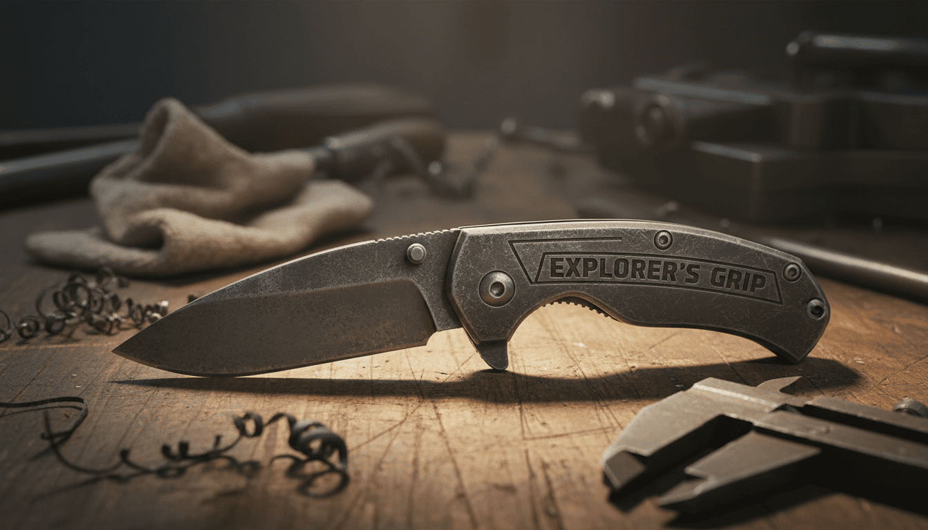 Engraved pocket knife on workbench