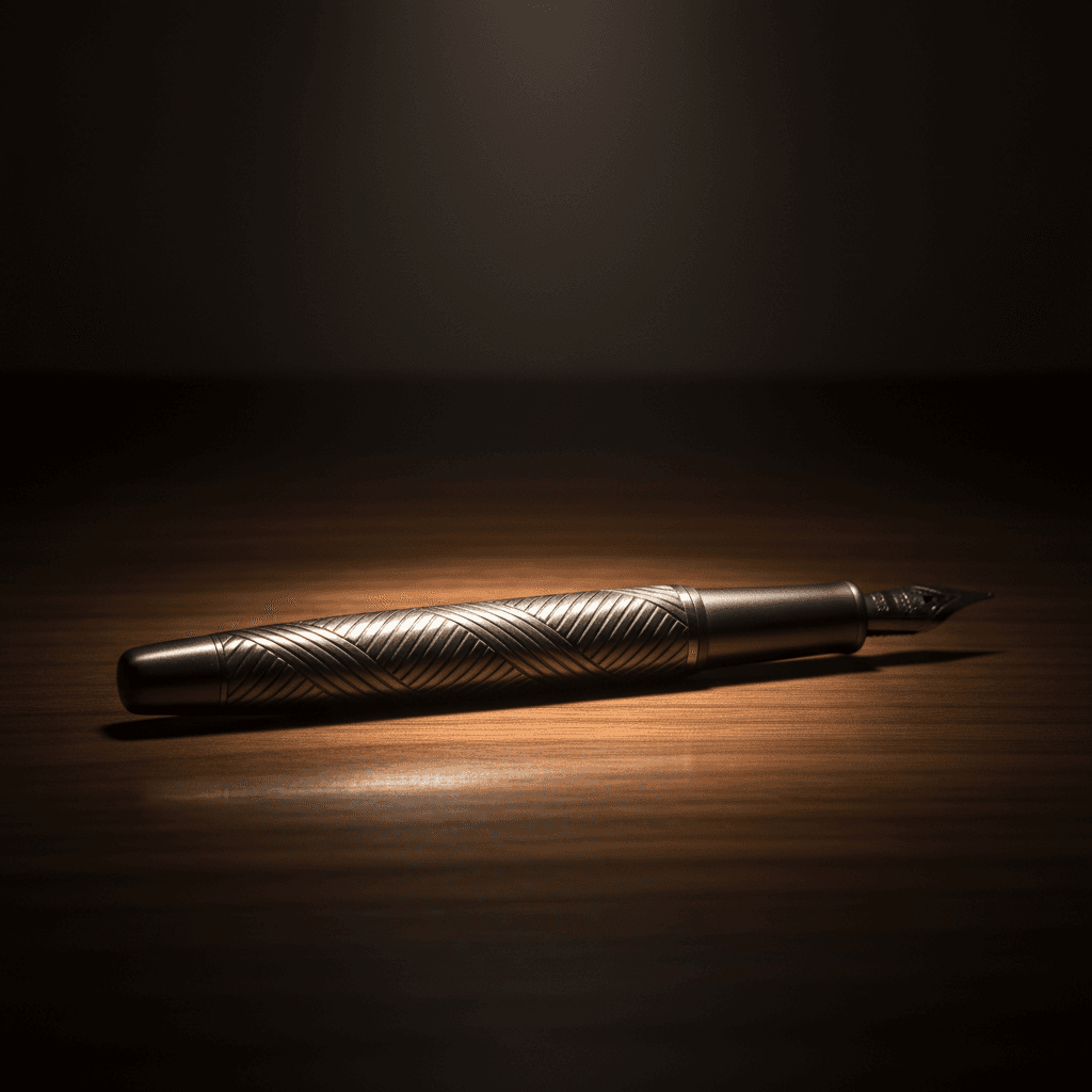 Laser-engraved metal fountain pen on walnut desk with focused light