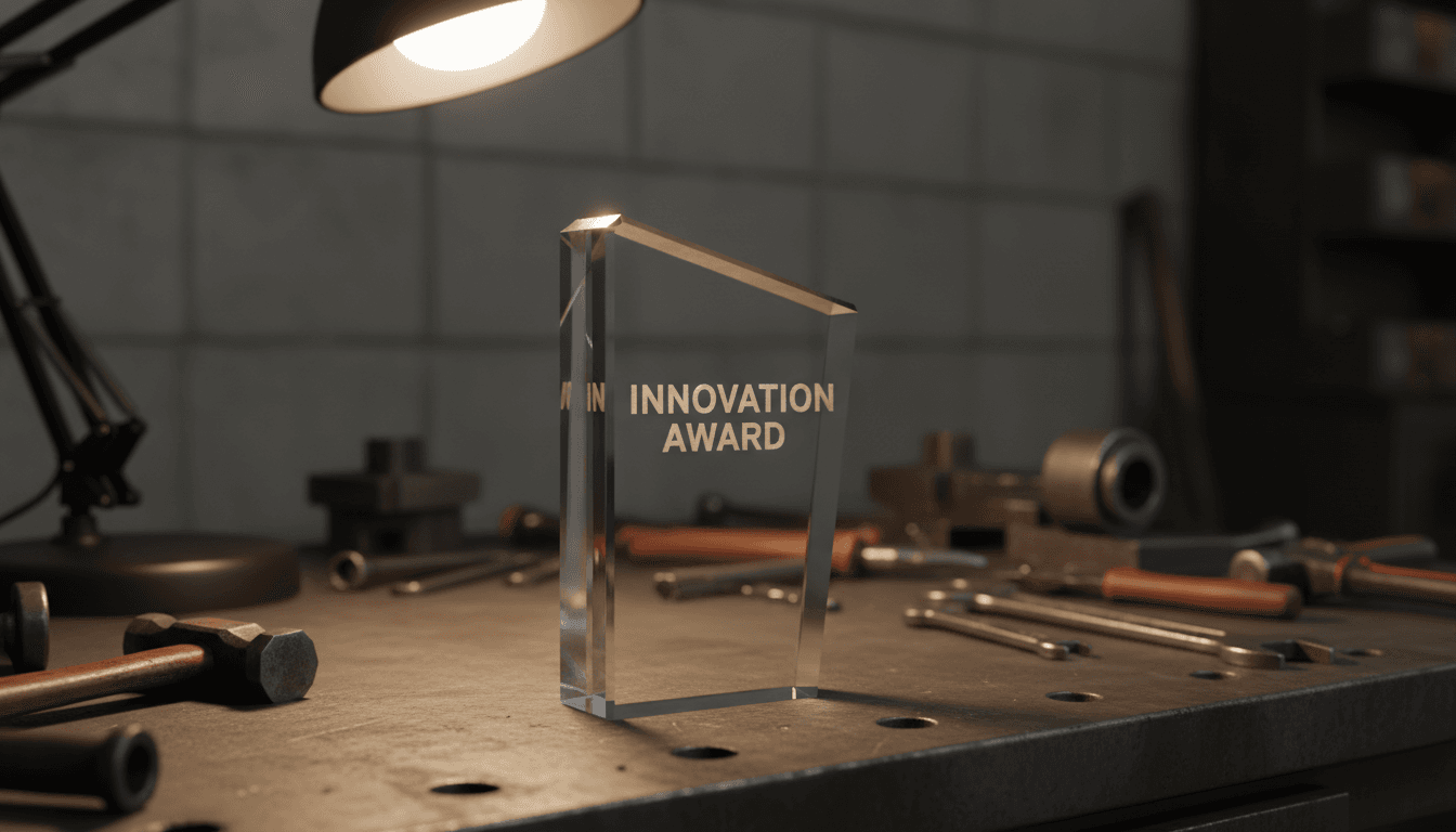Engraved glass trophy on workbench