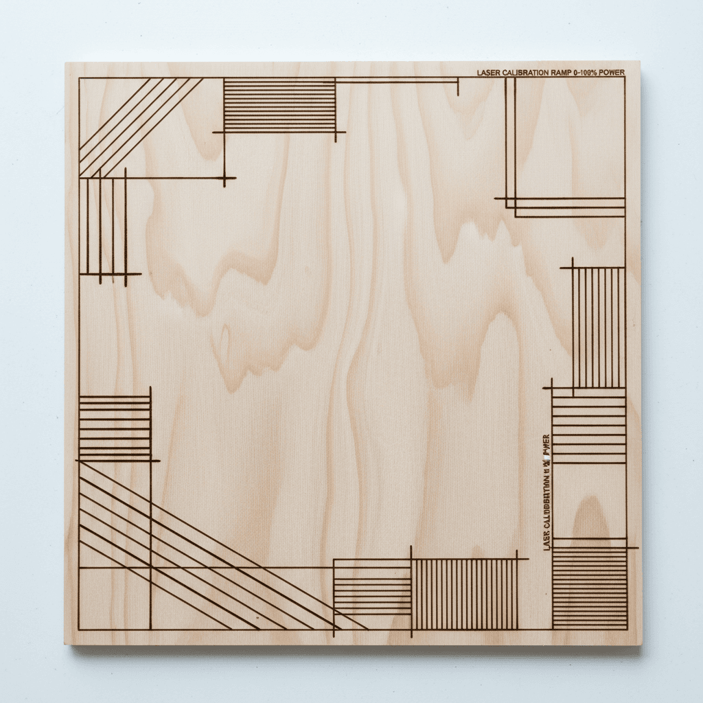 Sheet of birch plywood with laser engraved test patterns showing material texture