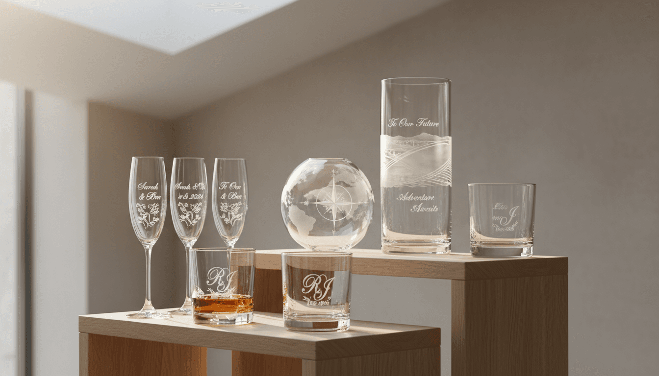 Gallery display of personalized engraved glassware including flutes, glasses, and vases with custom designs