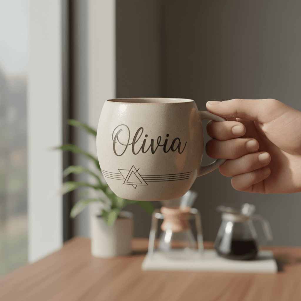 Person holding personalized ceramic mug with hand-lettered name in natural window light, modern minimalist workspace setting.