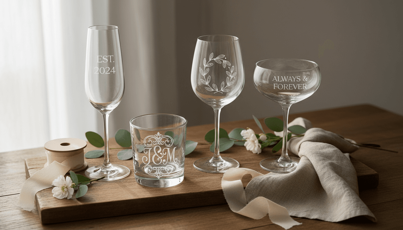 Curated collection of elegantly engraved drinking glasses with monograms and custom designs arranged with styling elements